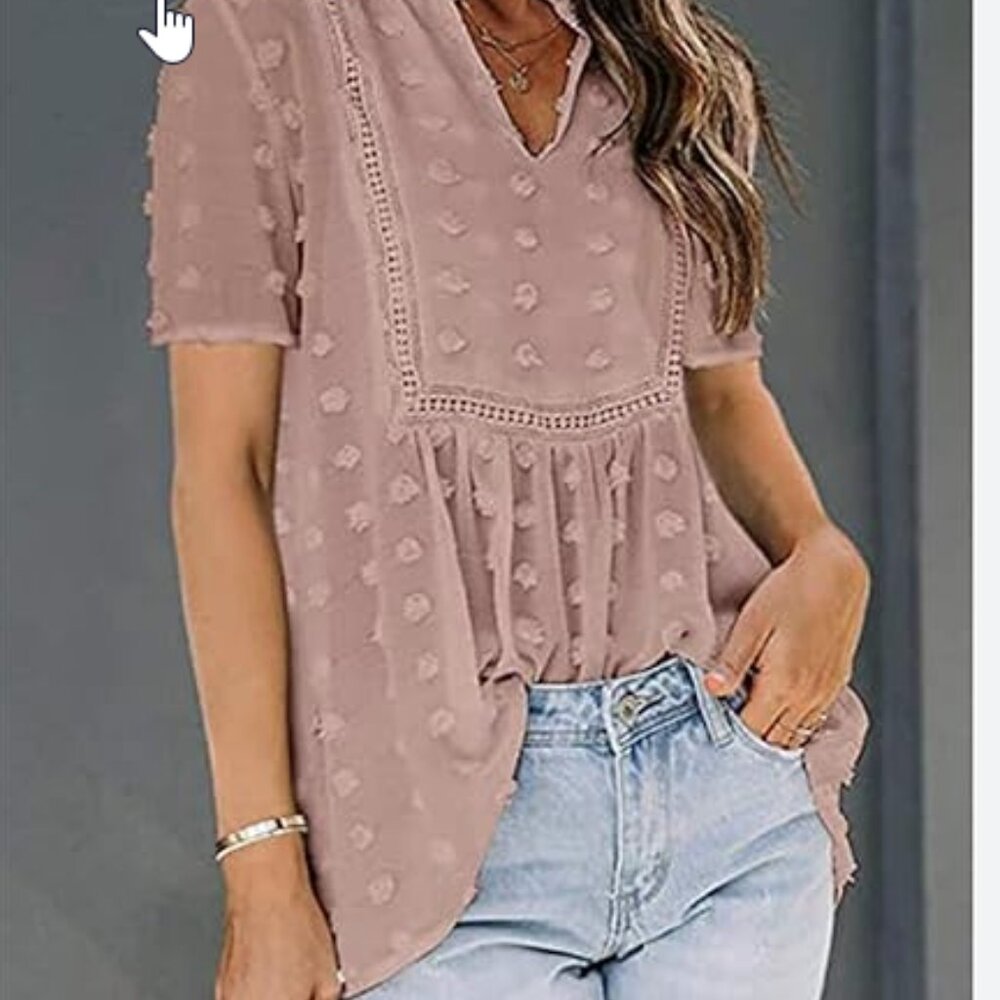 Mauve Ruffled Split Neck Lace Hollow Out Puff Sleeve Polka Dot Blouse